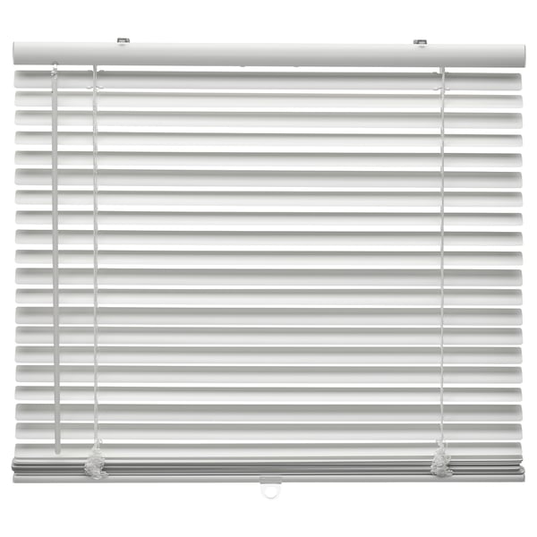 White venetian blinds, featuring 35 mm aluminium slats and robust plastic components, designed for easy light and privacy control.