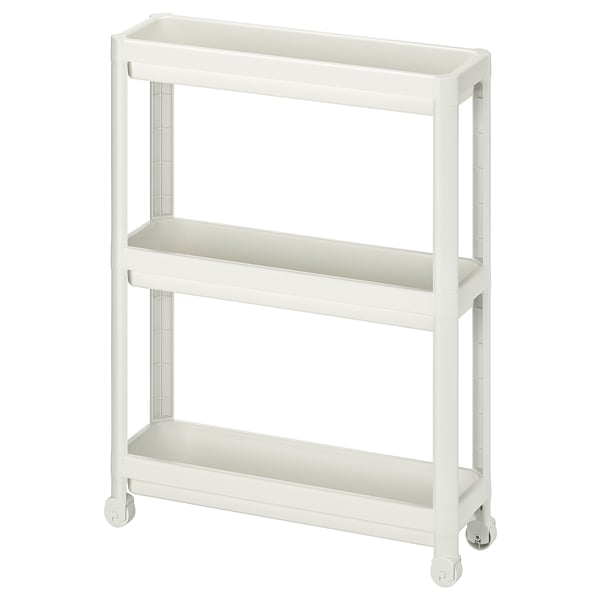 A white plastic rolling storage cart with three shelves for bathroom use.