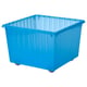 A blue VESSLA storage crate with wheels. Its square-shaped, durable, and made of plastic. The design includes a curved top edge for easy carrying.