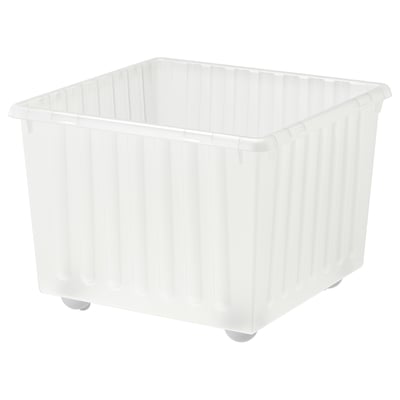 A clear plastic storage crate on wheels. It is stackable and has a curved top edge for lifting.