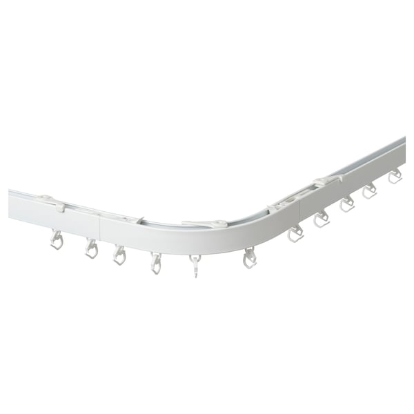 White VIDGA curtain rail system, curved, made of aluminum, powder-coated, holding multiple hooks, minimalist modern design.
