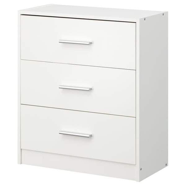 A white VIGRESTAD chest of drawers with three drawers, each having a modern silver handle.
