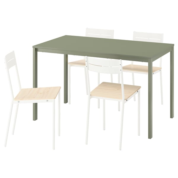 Green dining table with 4 white chairs, melamine top, metal legs. Chairs have wooden seats, metal legs, and two-slat backs.