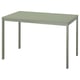 Depicts a green IKEA VIHALS extendable table with a minimalist design, featuring a rectangular top and four metal legs.