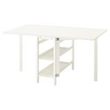 VIHALS white folding dining table with legs and storage shelves, minimalist design.