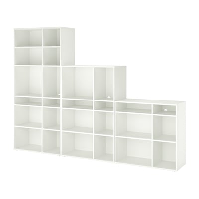 VIHALS white modular storage shelves in textured squares, heights vary, eco-friendly particleboard, ideal for room organization.