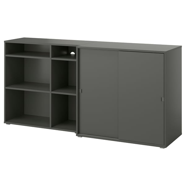 Black VIHALS storage unit with open shelves and sliding doors.