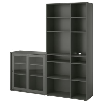 Grey VIHALS storage set: tall shelf, low cabinet with glass doors.
