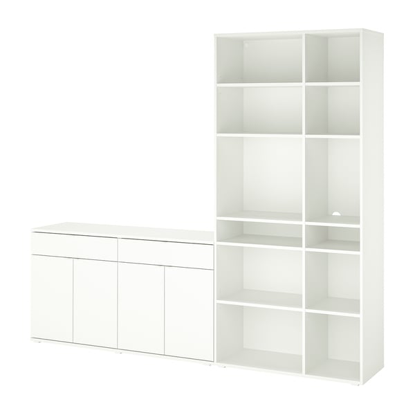 White VIHALS furniture set - sideboard & tall shelving unit with clean lines.