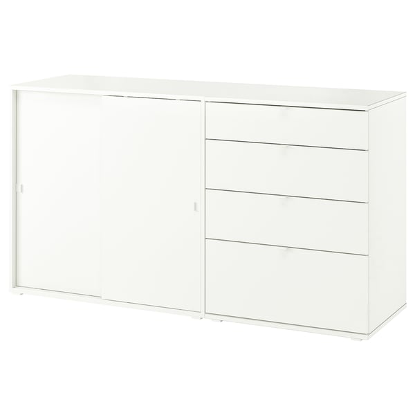 A white VIHALS storage unit with cabinets and drawers made from sustainable materials.