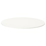 Round white table, minimalist design, melamine surface, ideal for various settings.
