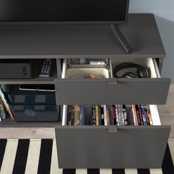 Modern tv stand with two open shelves for dvds and electronics, featuring cable management, adjustable shelves, and two drawers for storage.