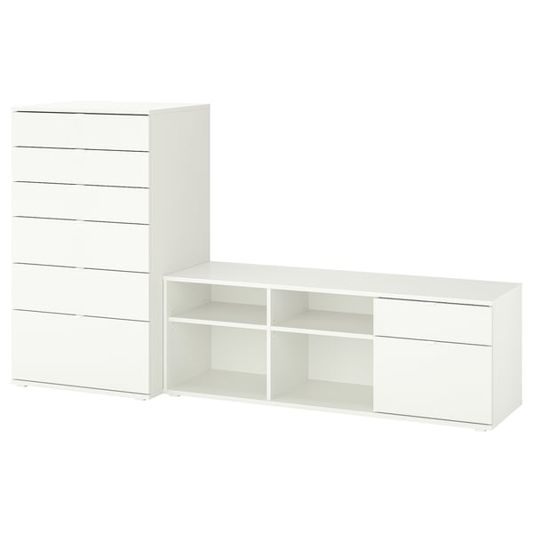 Two-piece white furniture set: a tall dresser with six drawers and a low tv stand with shelves and two drawers, sleek and modern design.