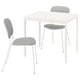 A white VIHALS dining set with an extendable table and two grey chairs. It a modern, minimalist design.