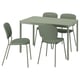 A green dining set with a rectangular table and four matching chairs with metal legs and upholstered seats.