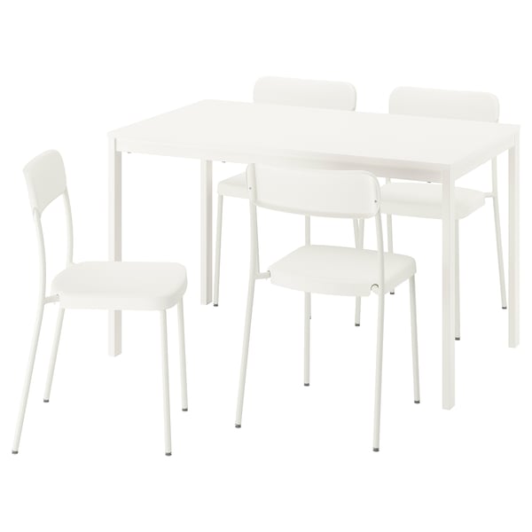 White VIHALS set: 2 square tables, 4 chairs; minimalist, durable steel & plastic.
