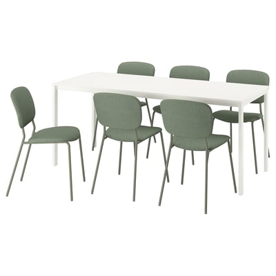 VIHALS white rectangular dining table with four green upholstered chairs. Modern minimalist design, durable steel frame.