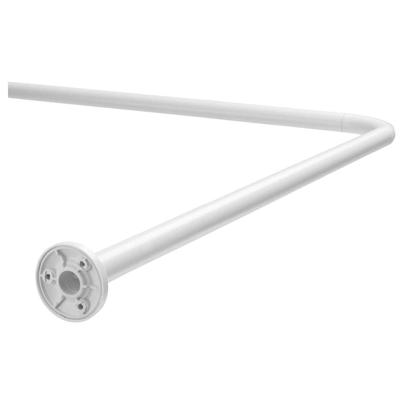 VIKARN white shower curtain rod, modern l-shape design, silver aluminium, minimalist style.