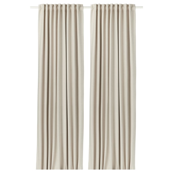 Two VILBORG beige curtains with a rod pocket top, made of 100% recycled polyester.