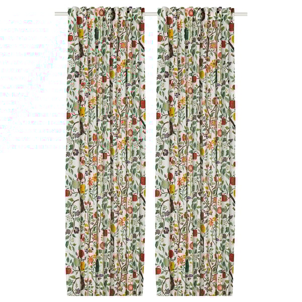 Pair of floral white VILDPERSILJA curtains, featuring colourful flowers, cotton/ramie blend, light filtering.