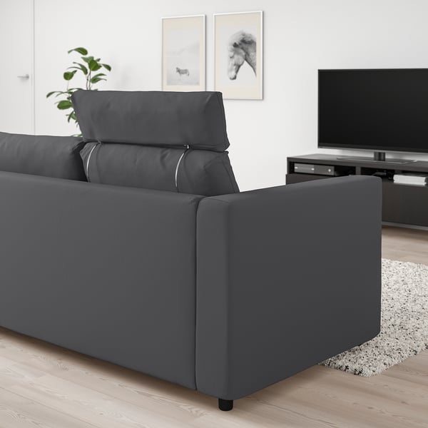 Modern grey VIMLE sofa in living room, large, with headrest & tv stand.