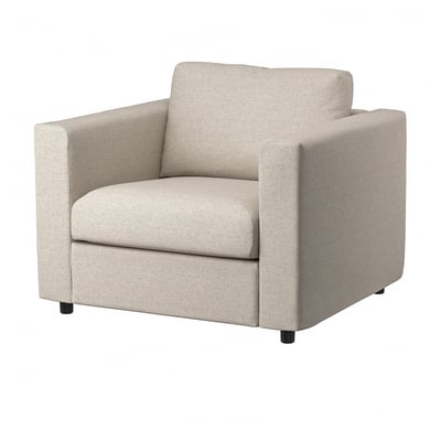 Beige VIMLE armchair, modern minimalist design, square shape, upholstered in wool-like gunnared fabric.