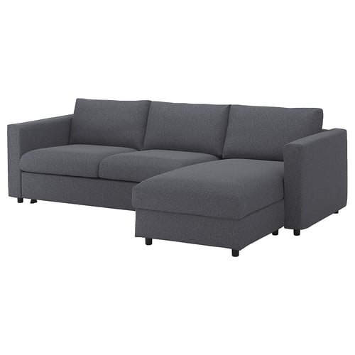 VIMLE: dark grey 2-seat sofa-bed with chaise, l-shaped, modern design. Made of recycled polyester.