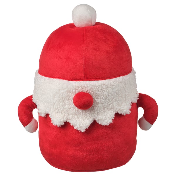 Santa hat cuddly toy, red with white trim, soft material, round shape, festive design.