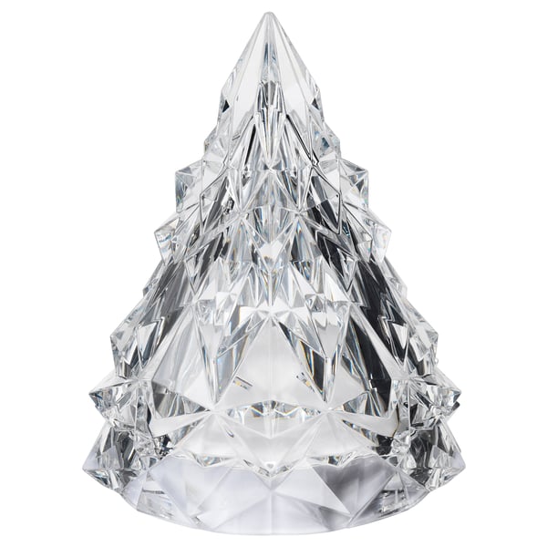 Crystal tree ornament, clear, geometric facets, cone shape.