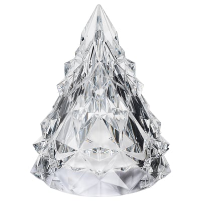 Crystal tree ornament, clear, geometric facets, cone shape.