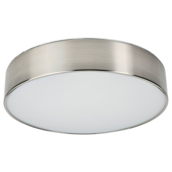 Round brushed nickel ceiling light.