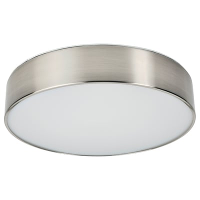Round brushed nickel ceiling light.