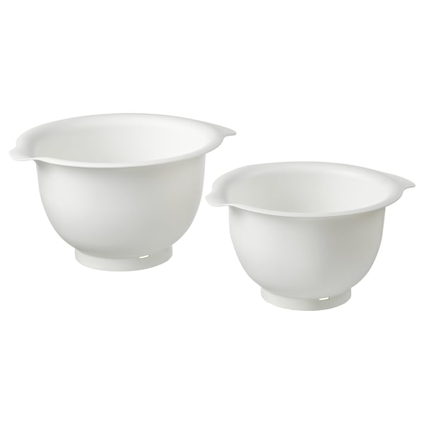 Two white VISPAD mixing bowls, one large and one small, designed with non-slip base and spout for easy pouring.