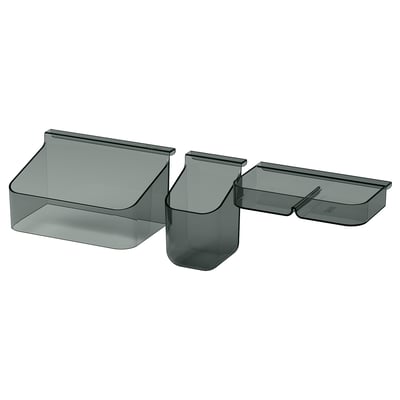 Three dark grey, recycled pet plastic organisers designed for drawer storage, featuring a sleek, modern design suitable for bathroom essentials.