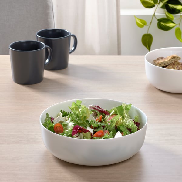 VITBLECKA white bowl, tempered glass, salad, round, simple, close to black cups, dishwasher safe.