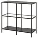 Ikea VITTSJÖ: black-brown glass shelves with metal frame. Modern, minimalist design.