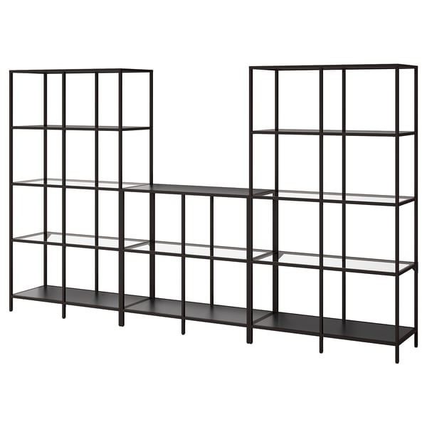 Black VITTSJÖ shelving unit with glass shelves, modern and minimalist design.