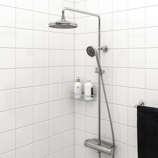 Chrome VOXNAN shower set, wall-mounted with adjustable rail, safety stop at 38°c.