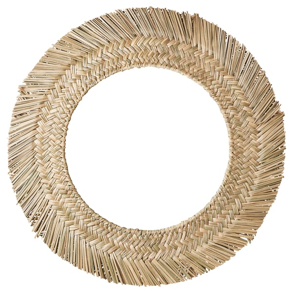 VRIGSTAD mirror: hand-woven sedge, natural colour, circular shape, intricate herringbone design.