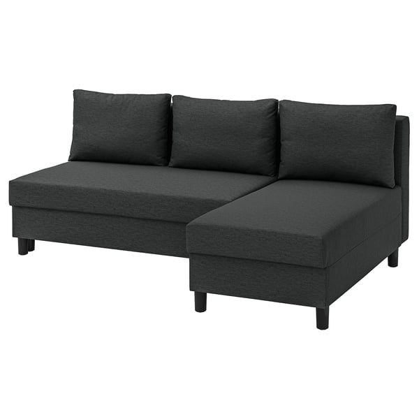 Tamsiai pilka ÄLVDALEN sekcijinė sofa, l formos dizainas su daiktadėže, aptaki ir moderni.