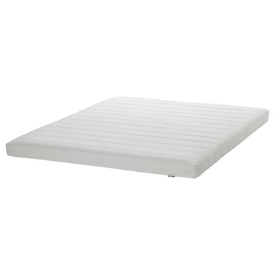 Baltas, stačiakampis putų čiužinys su dygsniuotu užvalkalu, skirtas vidutinio tvirtumo atramai.