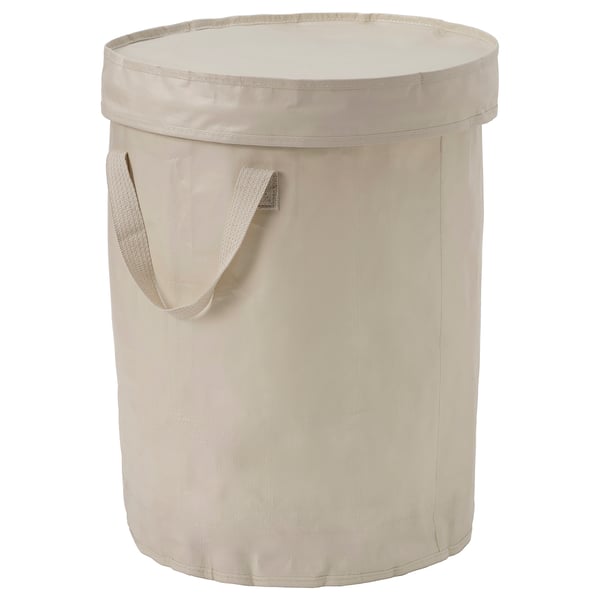 DIMPA didelė, smėlio spalvos, apvali, sulankstoma skalbinių dėžė su rankenomis ir dangčiu. Pagaminta iš perdirbto plastiko.