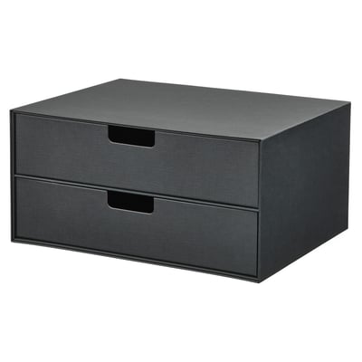 Juoda FJÄDERHARV mini komoda su 2 stalčiais, pagaminta iš perdirbto kartono, stačiakampio formos, paprasto dizaino.