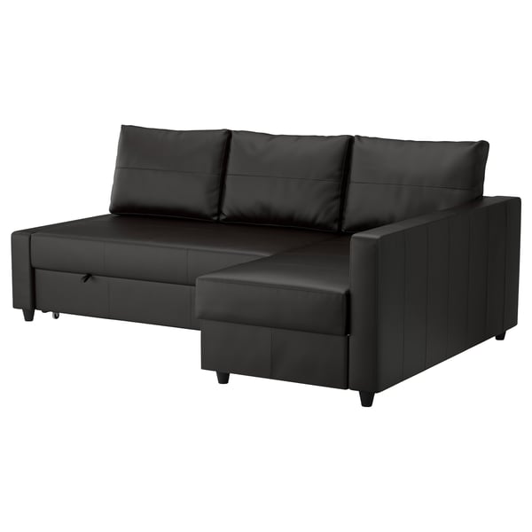 Juoda sekcijinė sofa FRIHETEN su chaise, modernaus dizaino, kabrioletas, stilinga odinė išvaizda.