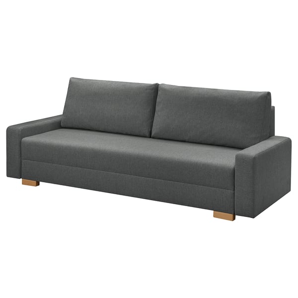 Pilka sofa-lova GRÄLVIKEN su medinėmis kojomis, stačiakampio formos ir paprasto dizaino.