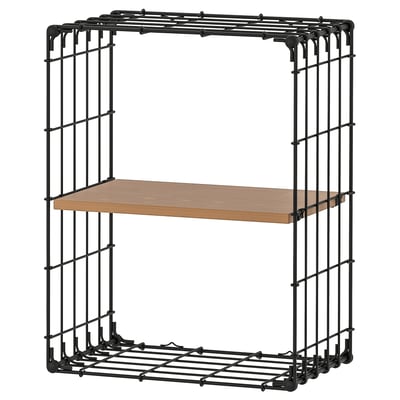 GULLHULT sieninė lentyna, juoda, metalinė ir medinė, stačiakampio formos, paprasto dizaino.
