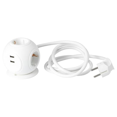 Baltas HAGSTA maitinimo šakotuvas su keliais lizdais ir USB prievadais.