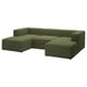 Žalia JÄTTEBO modulinė sekcijinė sofa. Minkštos, plačios sėdynės, velvetinis audinys, kampuotas dizainas.