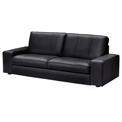 Juoda odinė sofa KIVIK, aptakus dizainas, trys pagalvėlės.