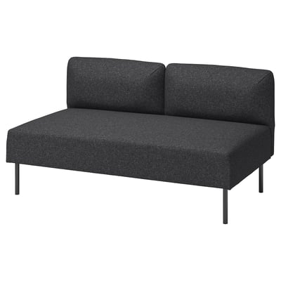 LILLEHEM, tamsiai pilka moderni sofa, aptakus ir minimalistinis dizainas, pliušinės pagalvėlės, metalinės kojos, universalus sėdynių sprendimas.